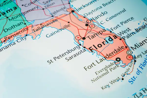 Map of the state of Florida with its major cities