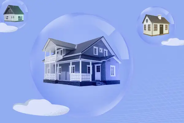 Three houses inside bubbles floating in the sky