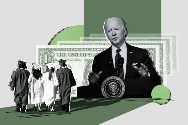Collage of a group of graduates walking and President Joe Biden in the background with multiple one dollar bills fading away