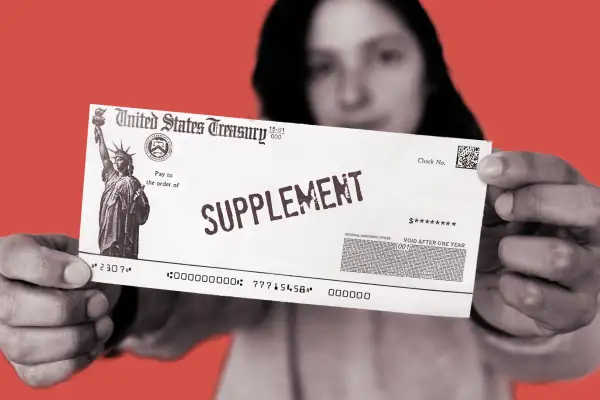 Woman holding a stimulus check with the word supplement printed on it