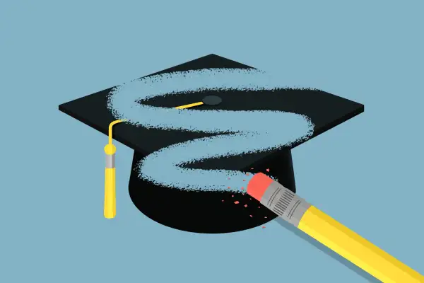 A pencil erasing large student graduation cap.