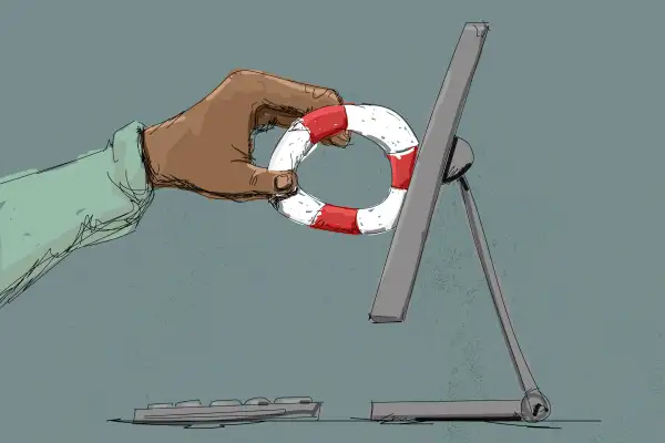 Hand Pulling Life Preserver Out Of Computer Screen