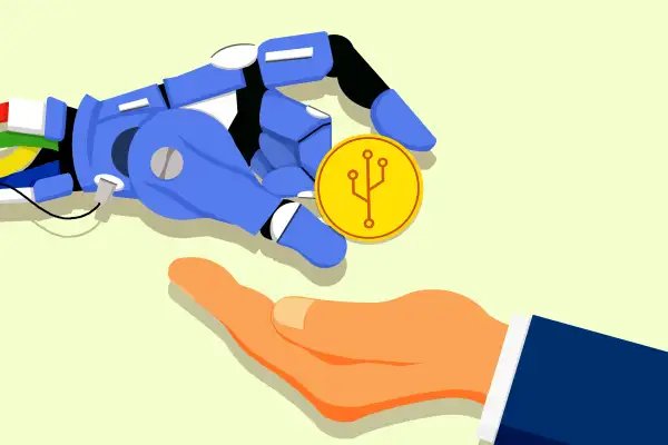 A robot hand is presenting an investor with crypto coin.