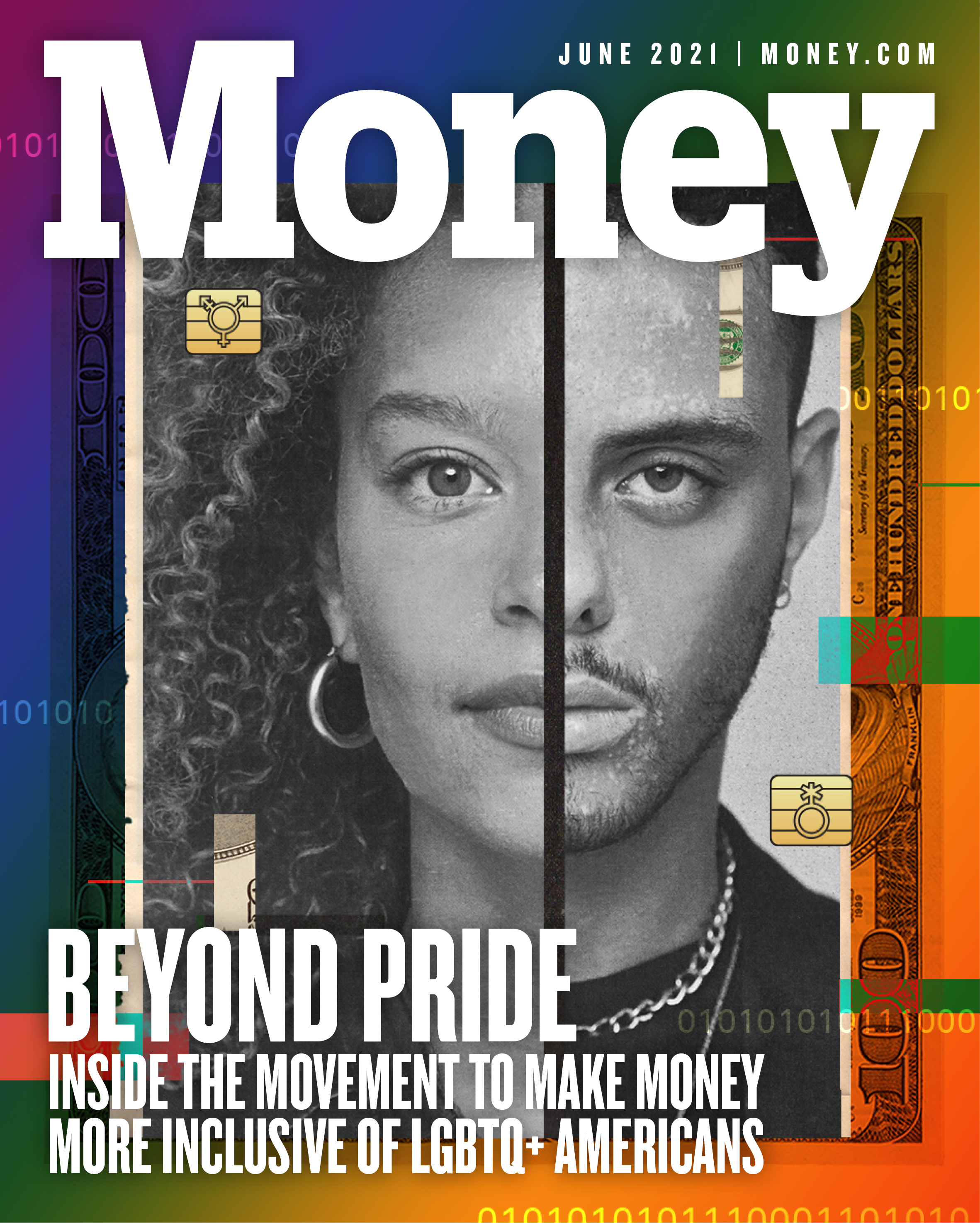 Cover with composite image made from halved male and female facial features, and hundred dollar bill on the rainbow backdrop.