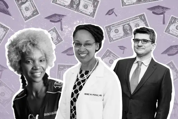 Photograph of Tonya Geans, Dr. Renee Poole and Lawrence Lewitinn on a background with fading one dollar bills and graduation caps