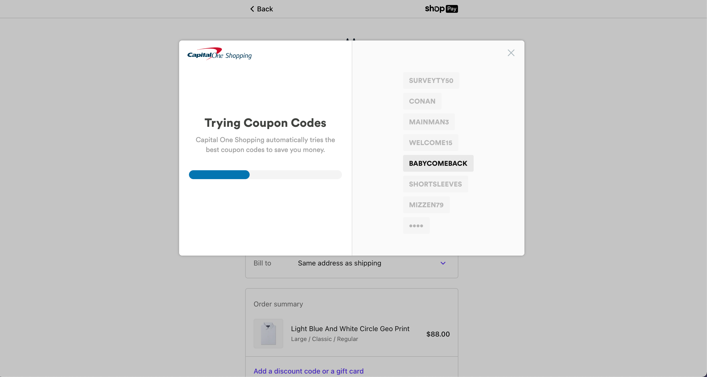 Screenshot of Capital One Shopping coupon codes getting applied automatically at checkout.