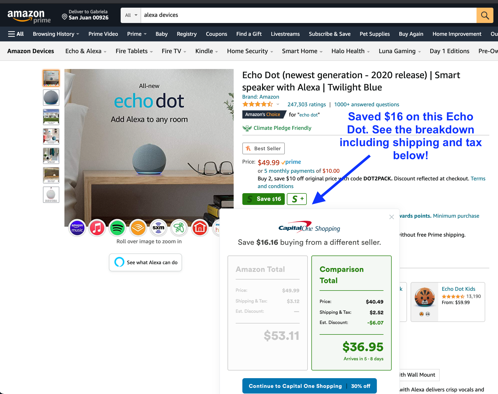 Screenshot of how much you can potentially save with Capital One Shopping. In this instance, it is a screenshot of an Amazon Echo Dot product page showing $16 off of $53.11 for a total of $36.95(including tax and shipping charges).