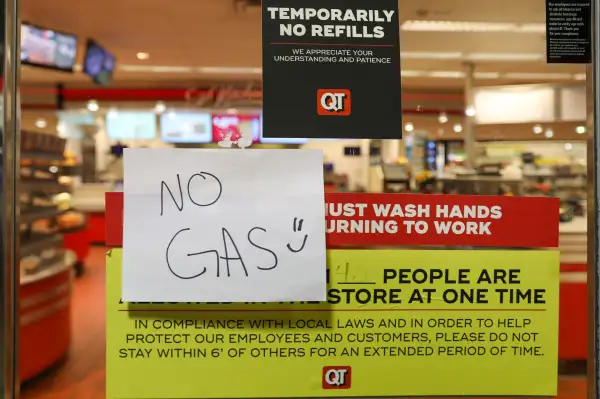 Sign saying No Gas at Atlanta service station on Tuesday night May 11, 2021