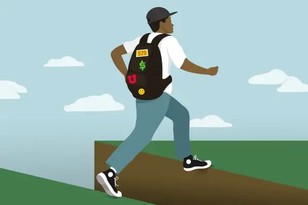 A college kid with various patches on his backpack (representing the 529 savings plan) leaping over a cliff edge.