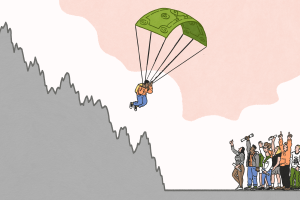 A couple of students safely parachute beyond the fluctuating/dangerous interest rate lines, landing safely on the flatline, showing the positive impact of 0% interest.