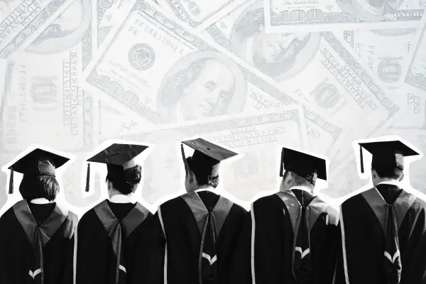 Collage of a row of students in graduation gowns with fading hundred dollar bills in the background