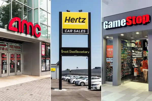 Photo Triptych of an AMC Theater, Hertz Car Agency and Game Stop shop