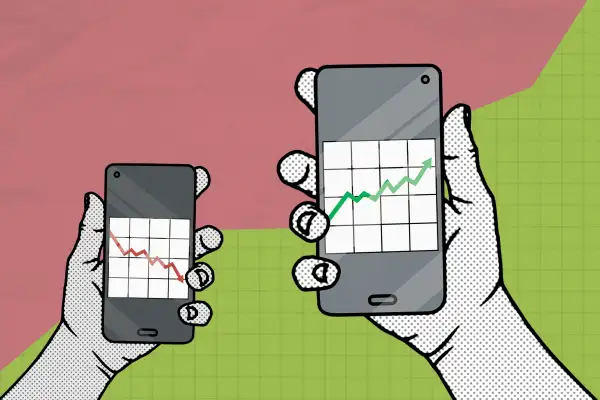Illustration of two hands holding smart phones with stock graphics, one in negative and one in positive.