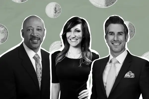 Portrait of Ivory Johnson, Tiffany Welka and Douglas Boneparth with different cryptocurrencies in the background