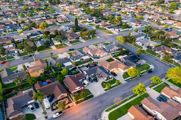 Row of houses in a suburbs from a drone point of view