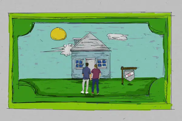 A Picture Frame In The Shape Of A Dollar Bill With A Couple Inside Looking At A House With A Sold Sign