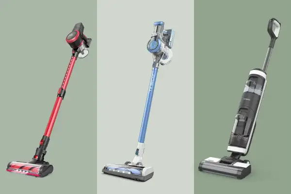 MOOSOO Cordless Vacuum Cleaner, Tineco A11 Hero Cordless Vacuum, Tineco Floor One S3 Vacuum on a colored background