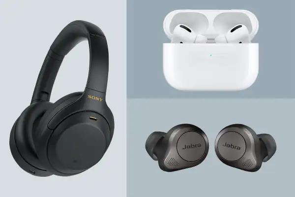 Sony-WH-1000XM4-Wireless Headphones, Apple AirPod Pro, Jabra Elite 75t Earbuds on a colored background