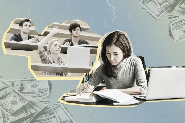 Collage of students studying with stacks of hundred dollar bills in the background