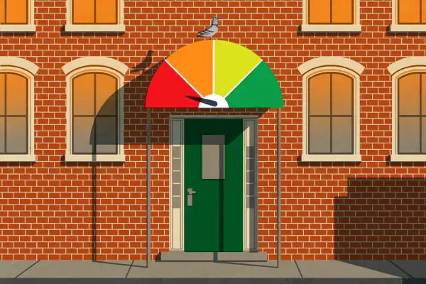 Apartment building with credit score color wheel awning.