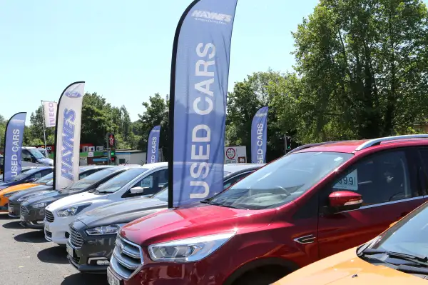 Photograph of a row of used cars for sale.