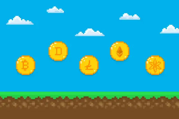 A generic, 8bit video game background with crypto coins lined up to collect.