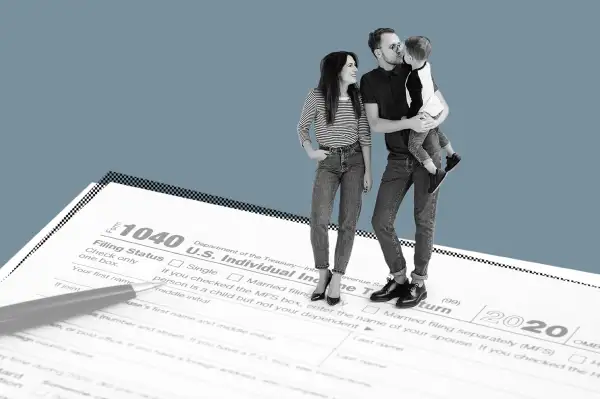 Collage of a wife and husband with their young son standing on a 1040 Tax form