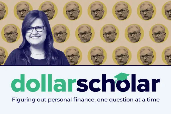Dollar Scholar banner with Jerome Powell headshot pattern in the background.