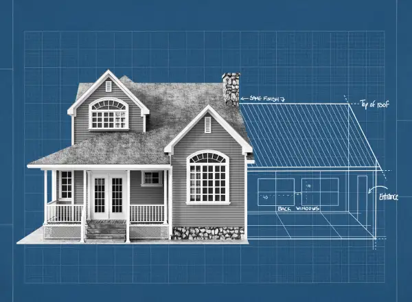 Collage of a house with an architectural drawing of a home extension on a blueprint background