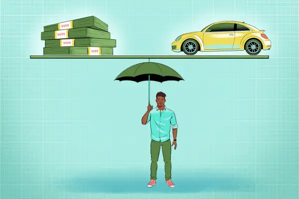 A guy holding an umbrella that is holding both stack of cash and a car.