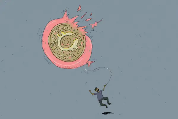 Man Flying Away While Holding An Oversized Bursting Balloon With A Crypto Symbol