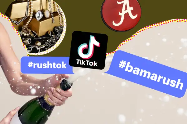 Photo collage of champagne opening, jewelry spilling from boxes, tiktok logo with hashtag bubbles #bamarush #rushtok