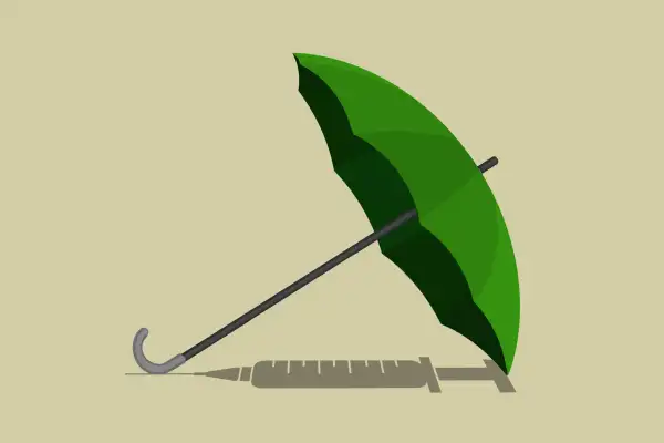 An umbrella on its side (green to represent the cost of the insurance) and its shadow is the shape of an unused vaccine.
