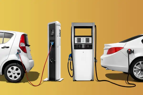 Side to side comparison of an electric car at a charging station, and a regular car at a gas station