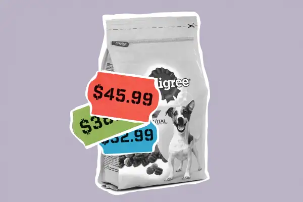 Bag of Dog food with multiple increasing price tags on it