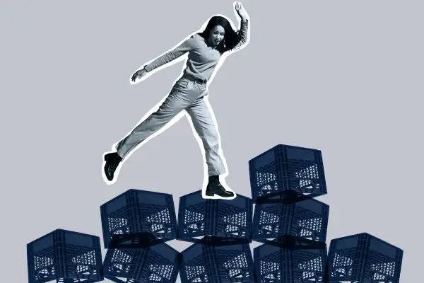 Collage of a woman balancing on top of multiple milk crates stacked on top of each other