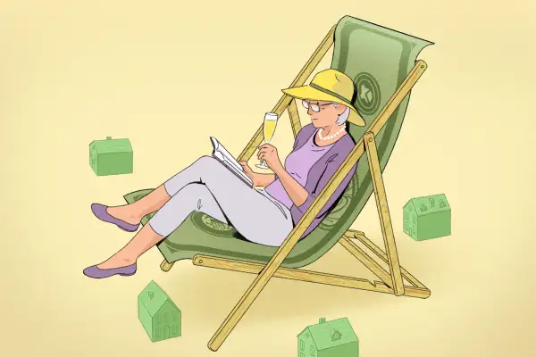 A retiree is reading on a money hammock long chair, with her house toys.