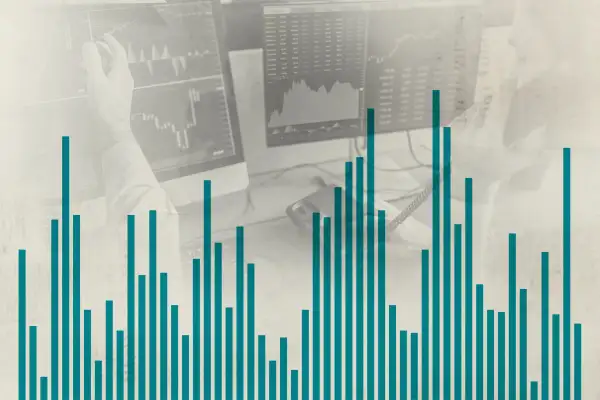 Stock Market Bar Chart Overlaid On Stock Traders In Front Of Computer