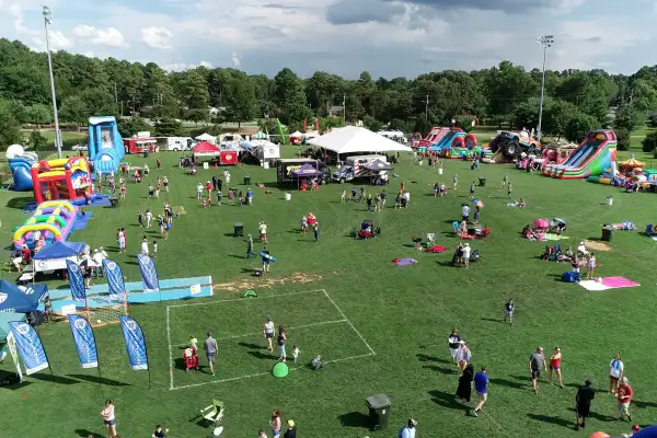 An aerial view of the 4th. of July fair at a local park in Madison Alabama