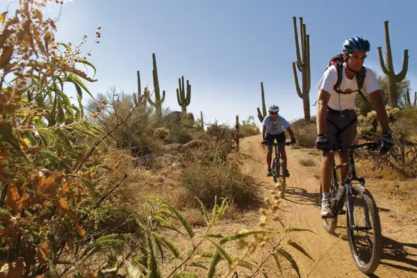 Two men mountain biking in Scottsdale's McDowell Sonoran Preserve in Arizona