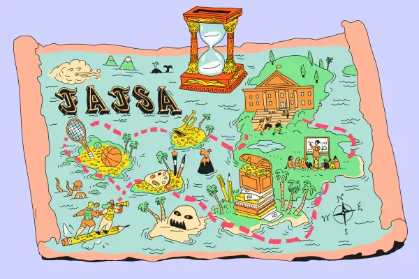A treasure map with all kinds of college activities.