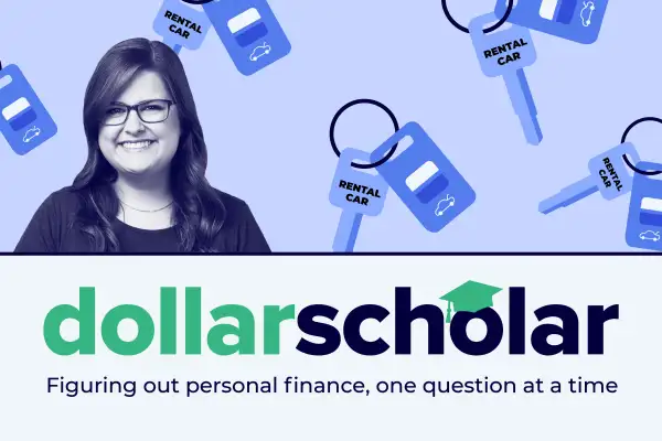 Dollar Scholar banner with rental car key graphic as the background.
