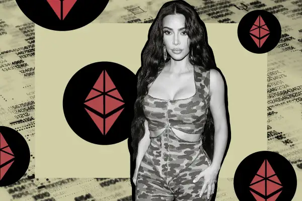 A collage of Kim Kardashian with Ethereum Max Coins in the background