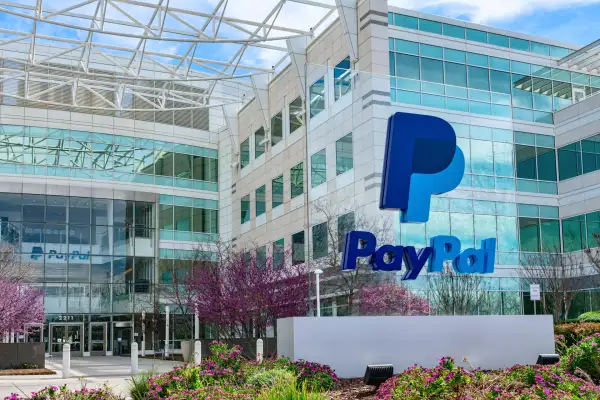 PayPal logo and sign in front of the PayPal Holdings headquarters building in Silicon Valley