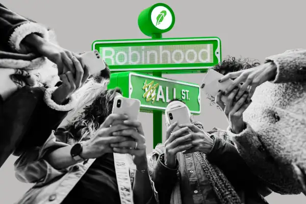 Collage of a group of students with smartphones and a Robinhood street sign in the background that says Wall St.
