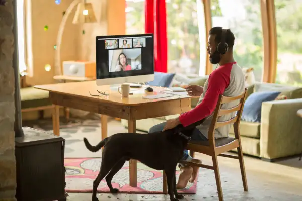 Man working from home on his computer while he pets his dog