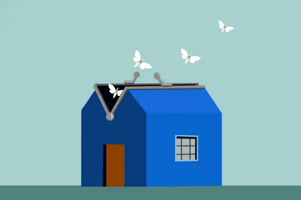 Illustration of moths flying out of an open purse in the shape of a house