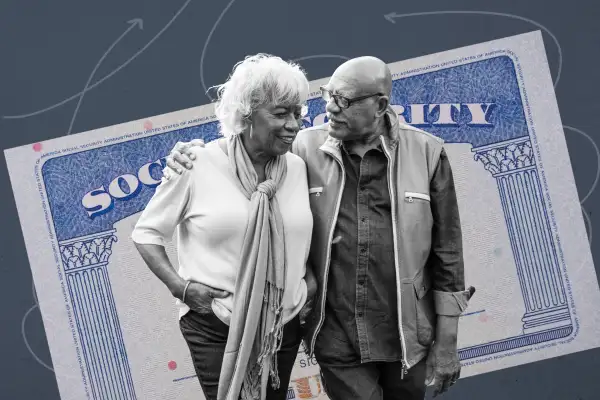 Collage of a senior couple with a social security card in the background