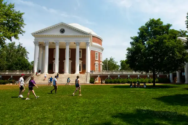 Students walking on the lawn at the University of Virginia