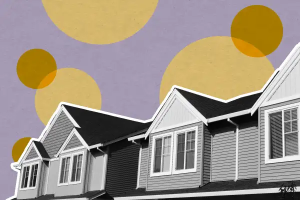 Black and white photo of houses superimposed on colorful dots that float upward